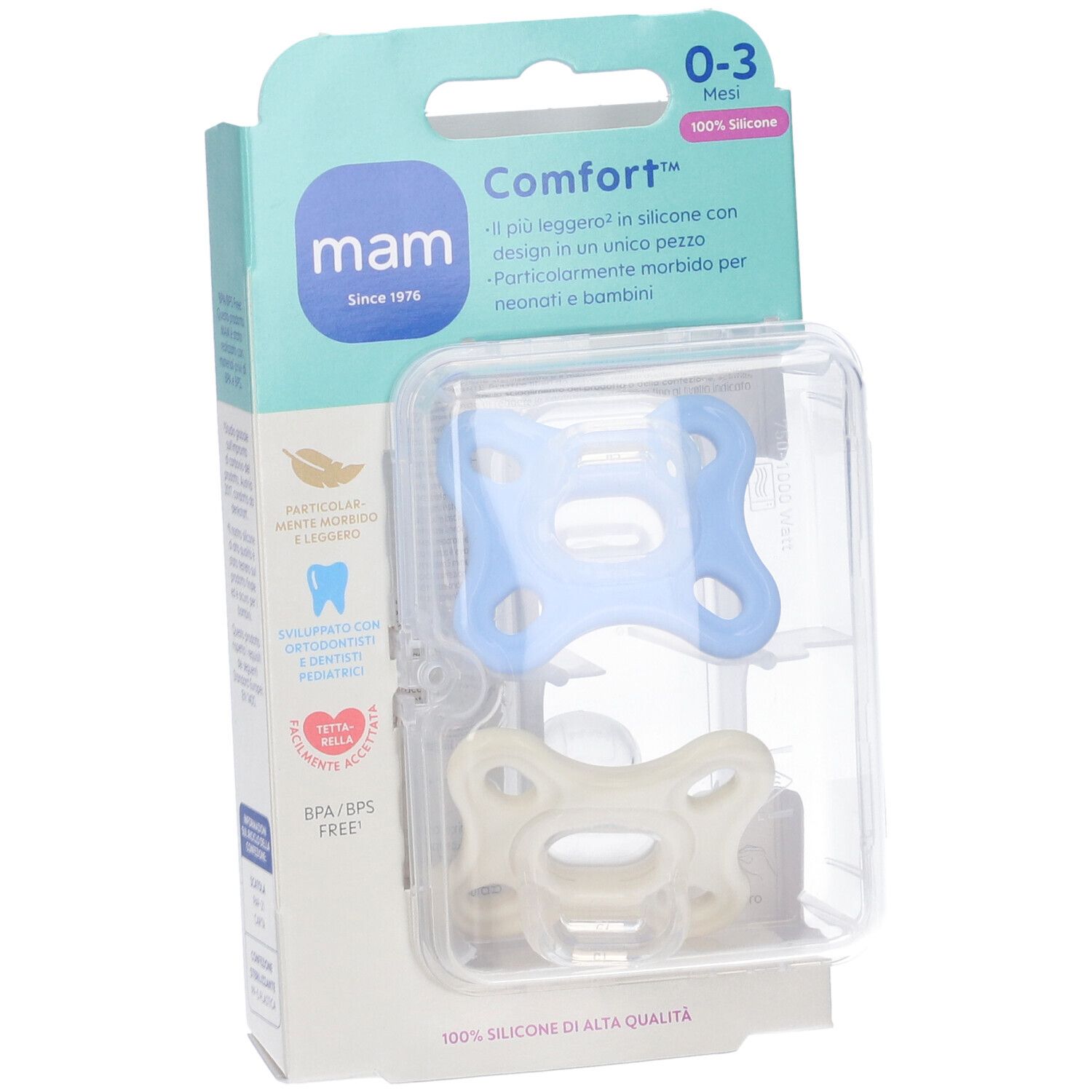 Due succhietti in silicone, blu e crema, in confezione. Informazioni sul prodotto visibili.