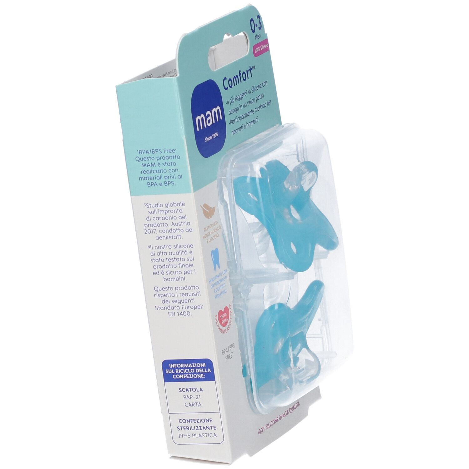 Confezione con due succhietti blu. Marca: mam. Età: 0-3 mesi. 100% silicone. Confezione inclinata.