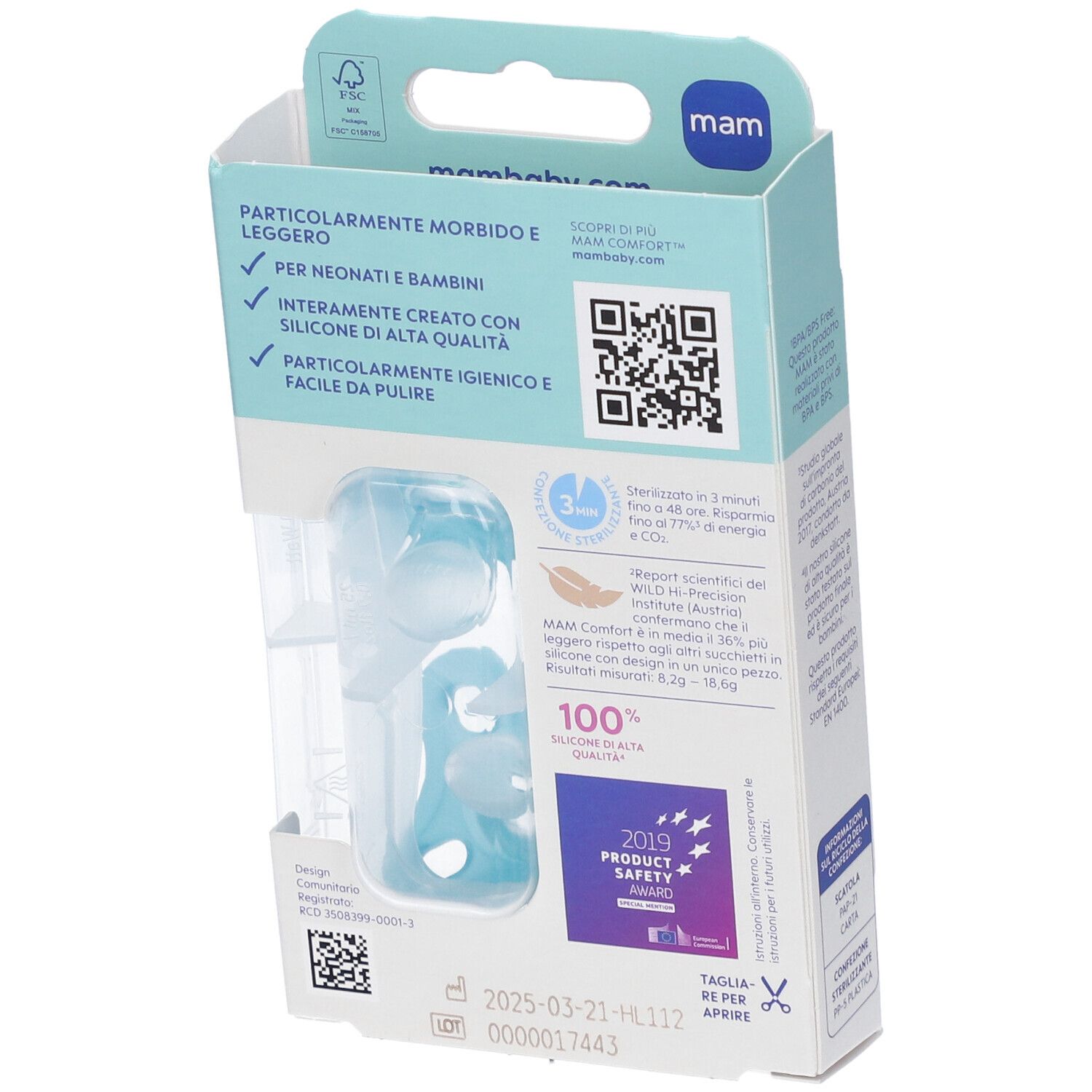 Retro della confezione con due succhietti blu. Marca: mam. Età: 0-3 mesi. 100% silicone. Dettagli.