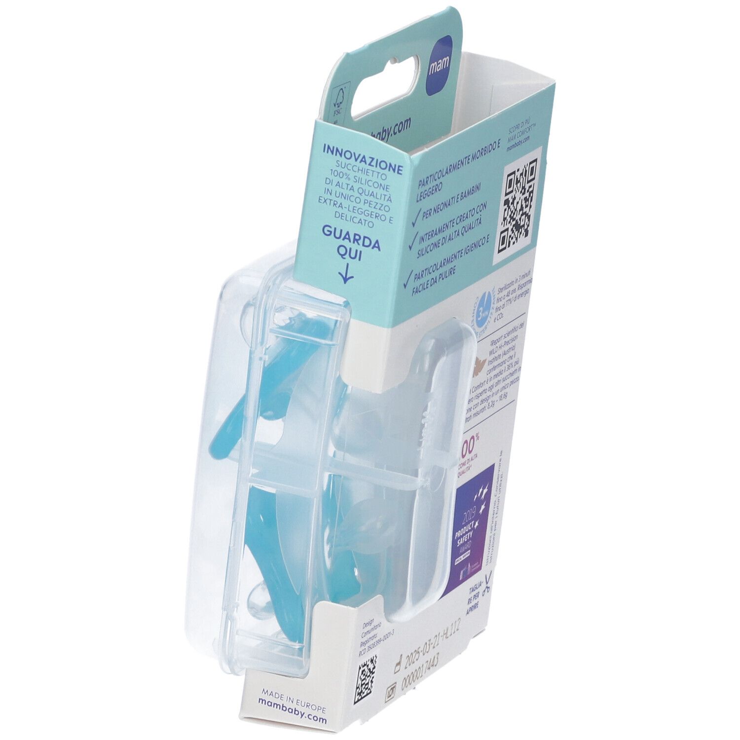 Confezione con due succhietti blu. Marca: mam. Età: 0-3 mesi. 100% silicone. Vista obliqua.
