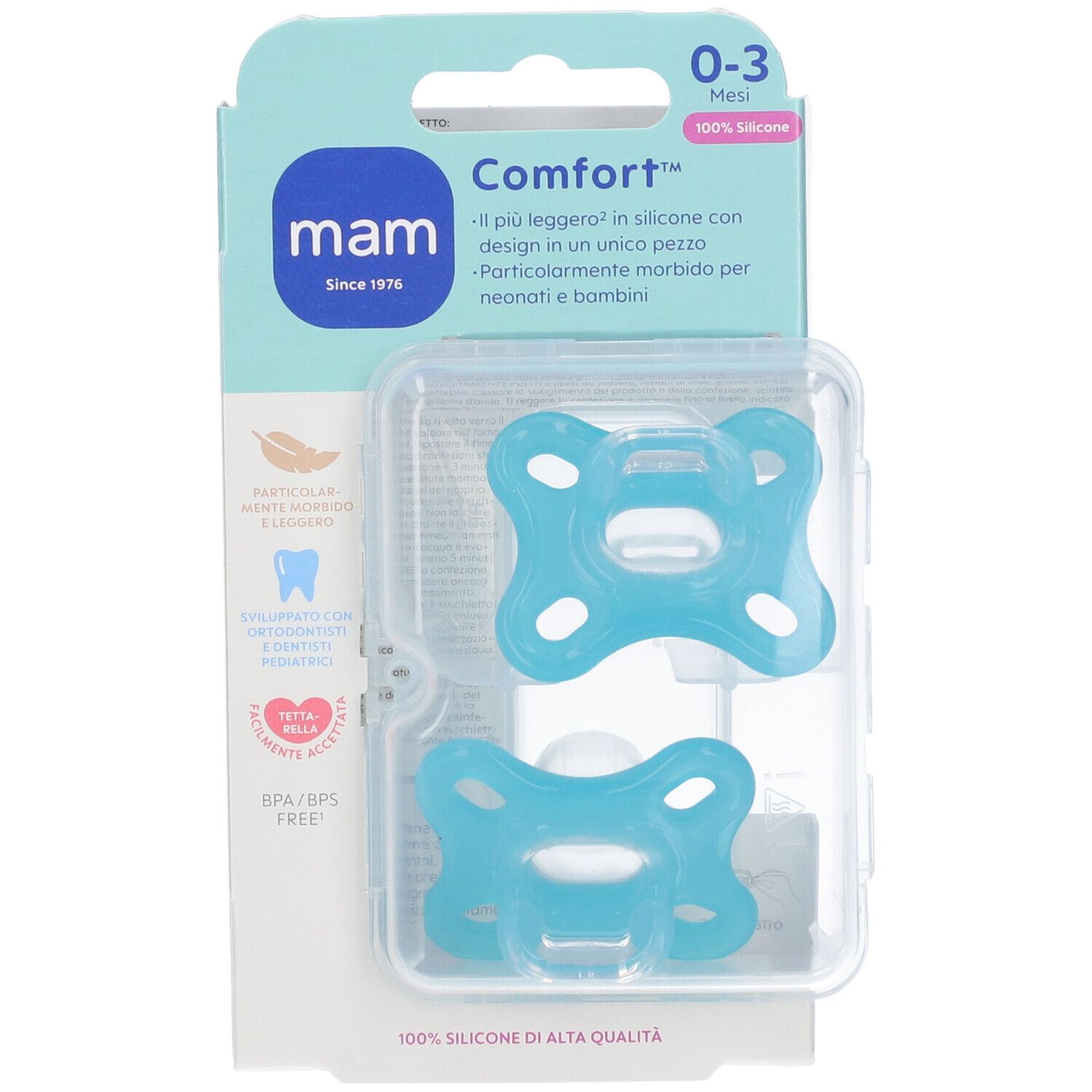 Due succhietti blu in confezione di plastica. Marca: mam. Età: 0-3 mesi. 100% silicone.