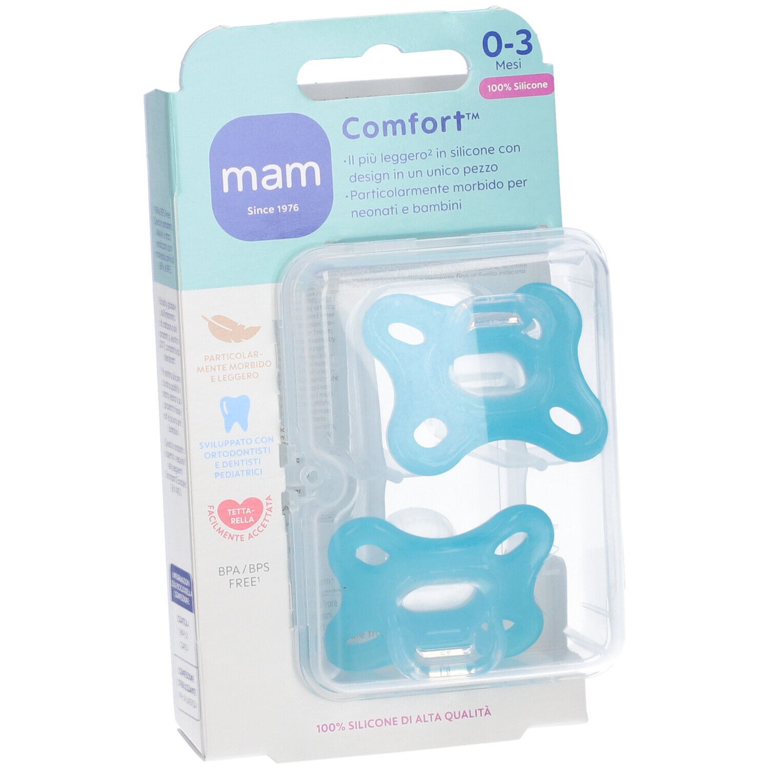 Due succhietti blu in confezione di plastica. Marca: mam. Età: 0-3 mesi. 100% silicone. Vista obliqua.