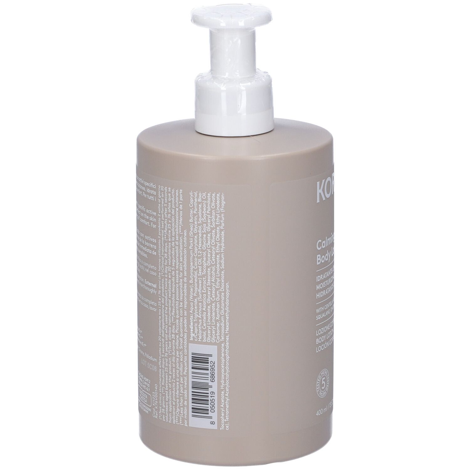 Flacone beige con dosatore bianco. Retro con testo e codice a barre. 400 ml.