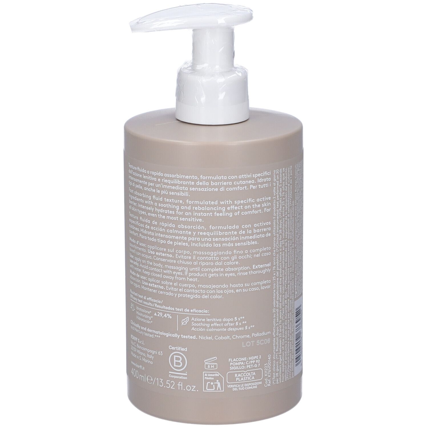 Flacone beige con dosatore bianco. Retro con testo. 400 ml.