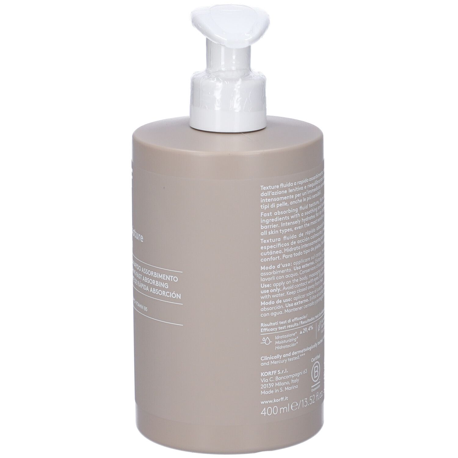 Flacone beige con dosatore bianco. Retro con testo. 400 ml.