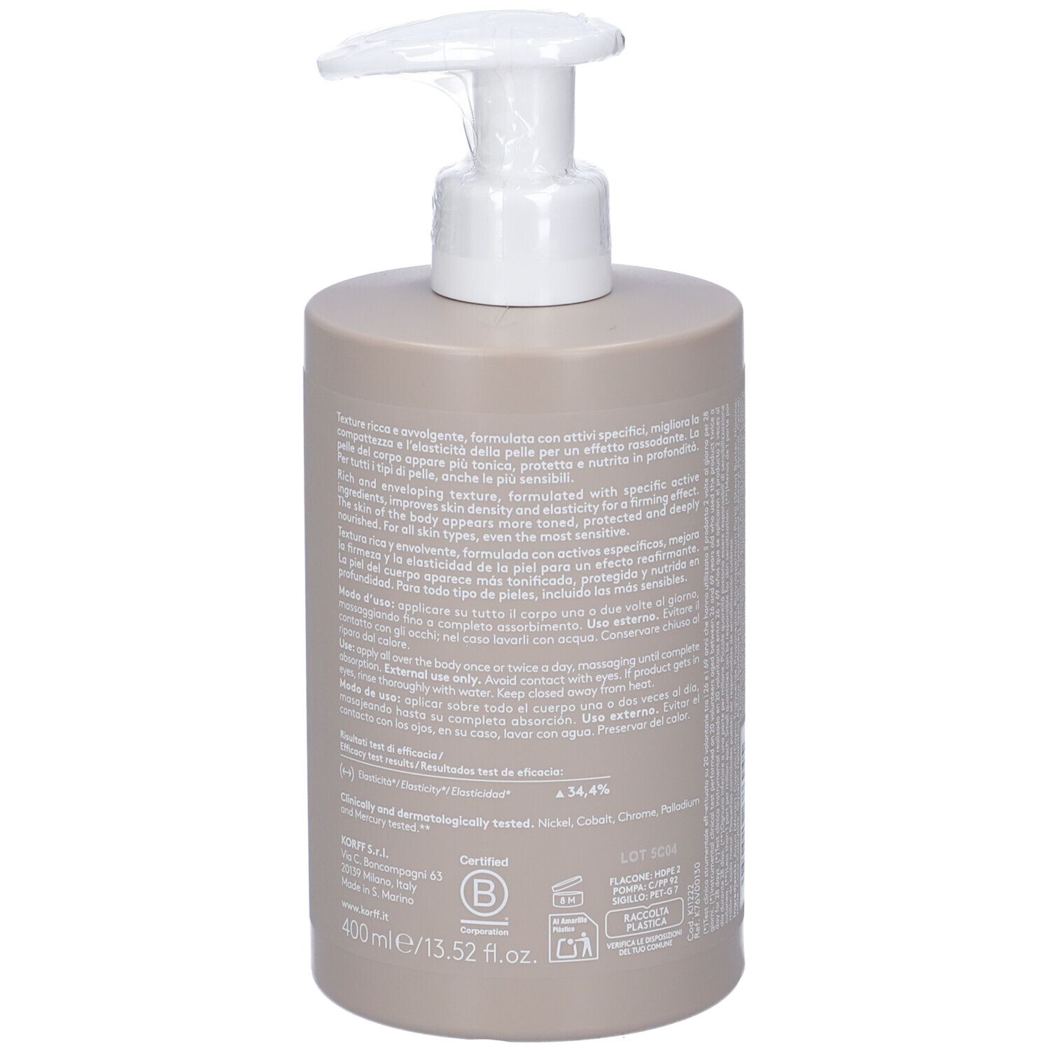 Retro del flacone di crema corpo beige. Testo multilingue. Certificazioni e indicazione del volume: 400 ml / 13.52 fl.oz.