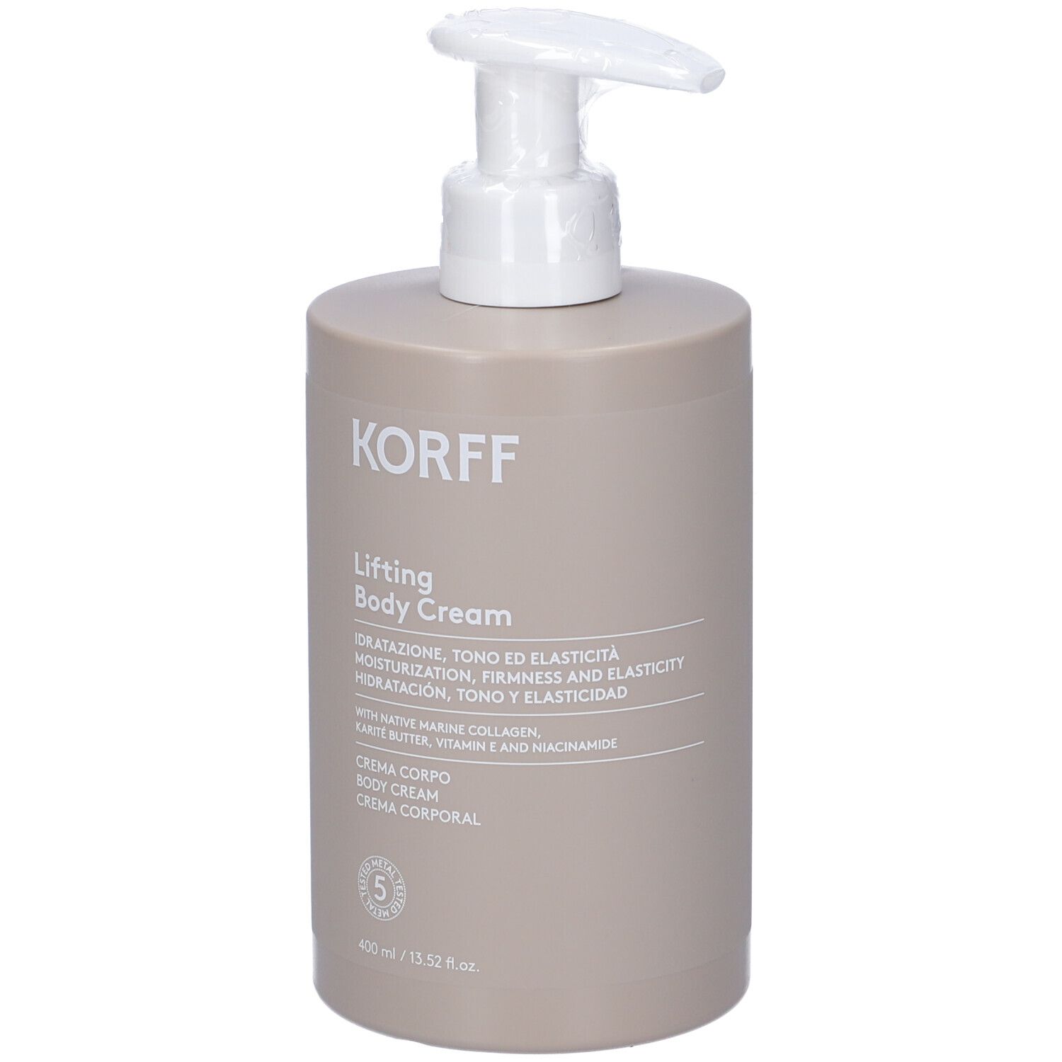 Flacone di crema corpo beige con dosatore bianco. Scritta: KORFF, Lifting Body Cream. Contiene collagene marino e burro di karité.