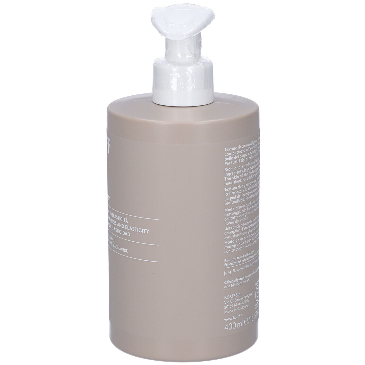 Retro del flacone di crema corpo beige. Testo multilingue. Indicazione del volume: 400 ml / 13.52 fl.oz.