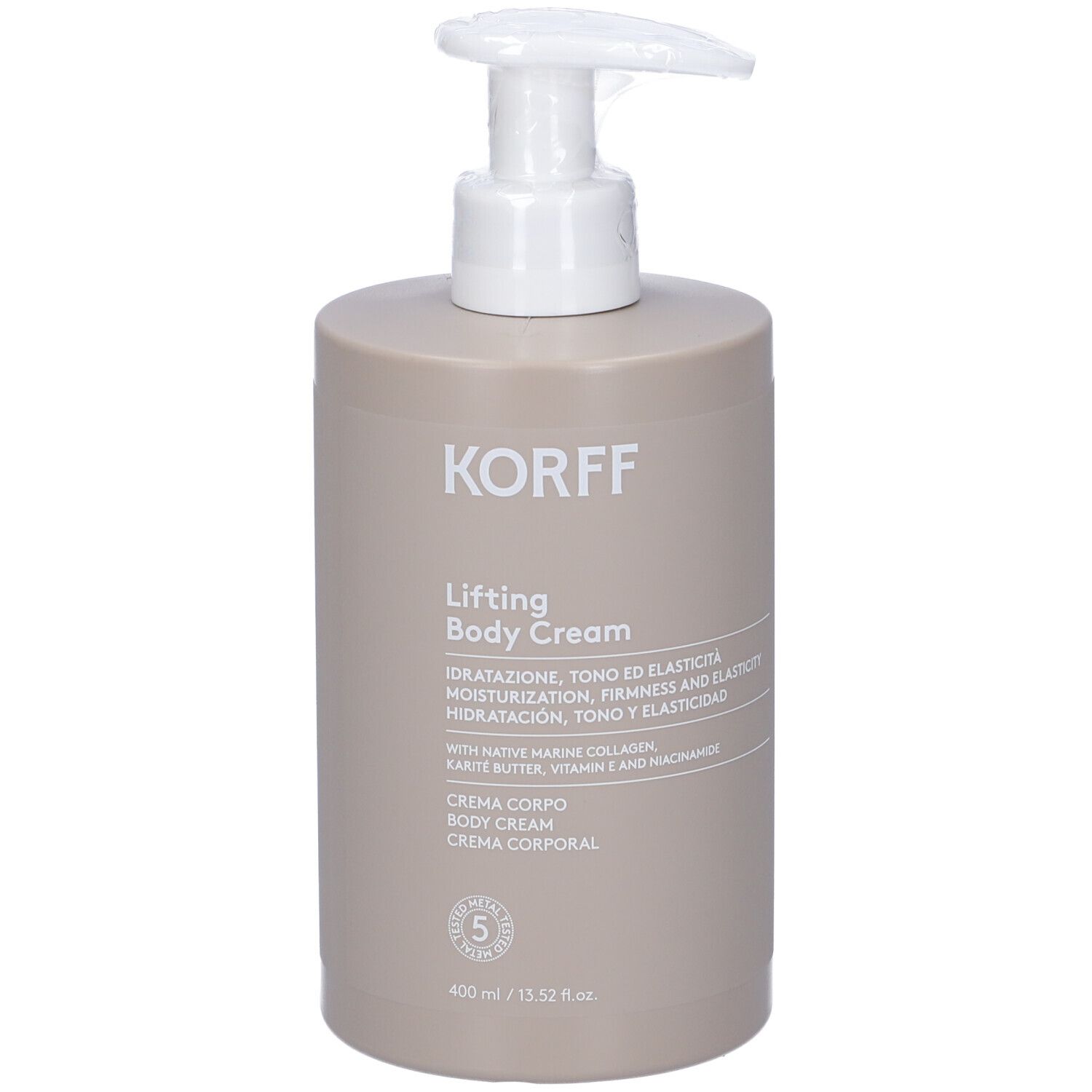 Flacone di crema corpo beige con dosatore bianco. Scritta: KORFF, Lifting Body Cream. Contiene collagene marino e burro di karité.