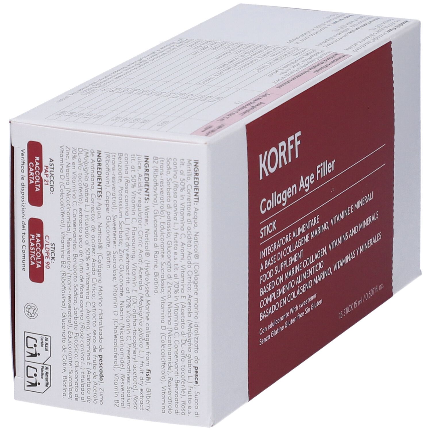 Scatola in diagonale. Fascia rossa con testo: KORFF Collagen Age Filler Stick. Elenco ingredienti e testo.