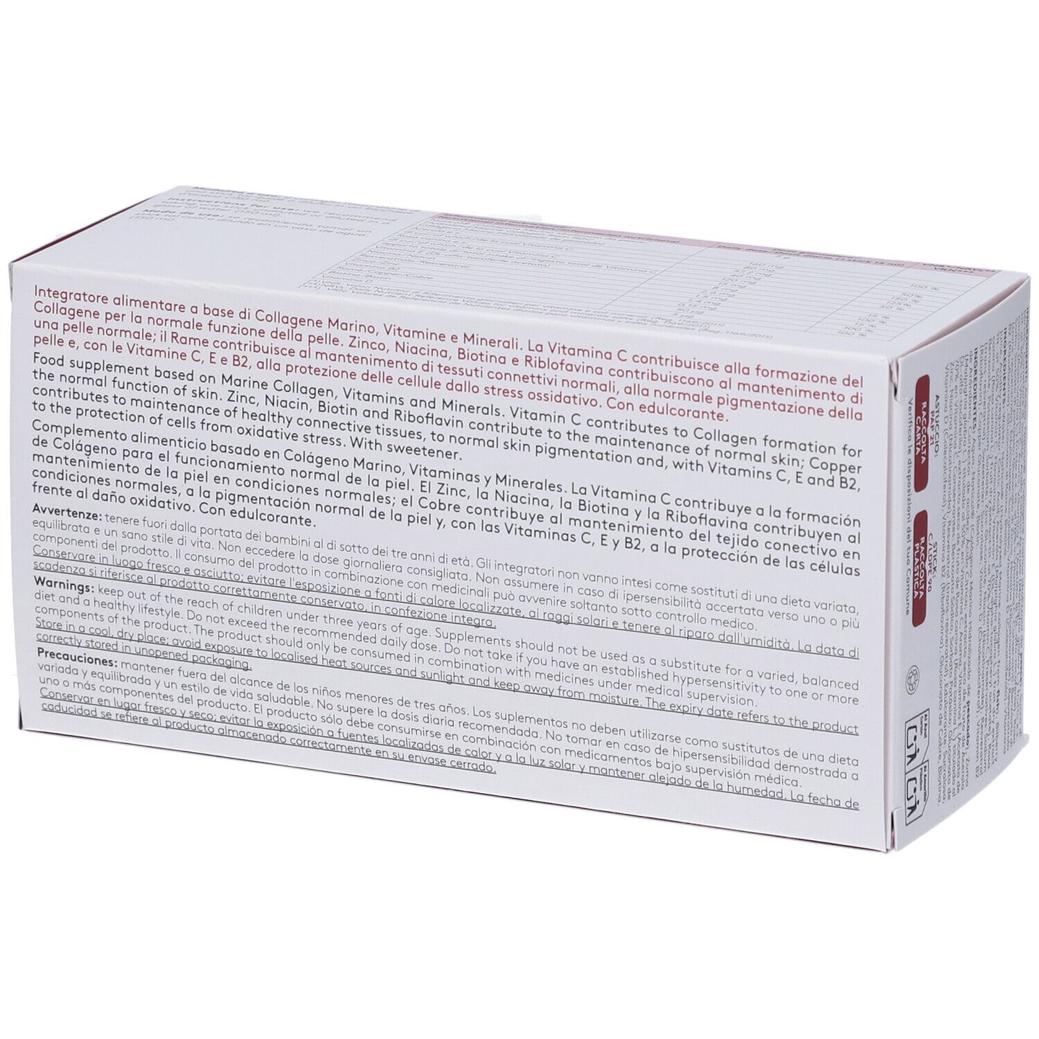 Retro della scatola. Testo: Integratore alimentare a base di collagene marino, vitamine e minerali.