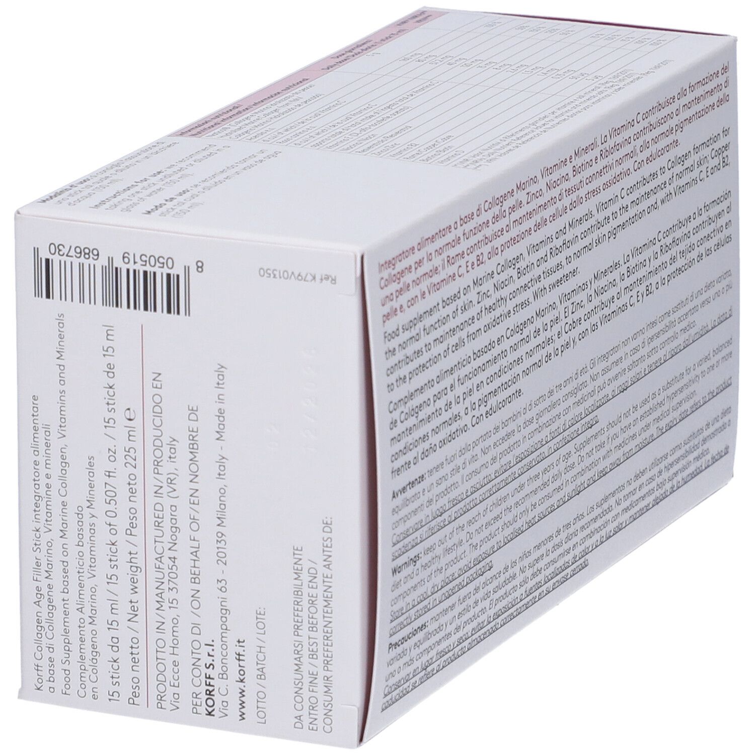Scatola in diagonale. Testo: KORFF Collagen Age Filler Stick. Informazioni sugli ingredienti e il produttore.