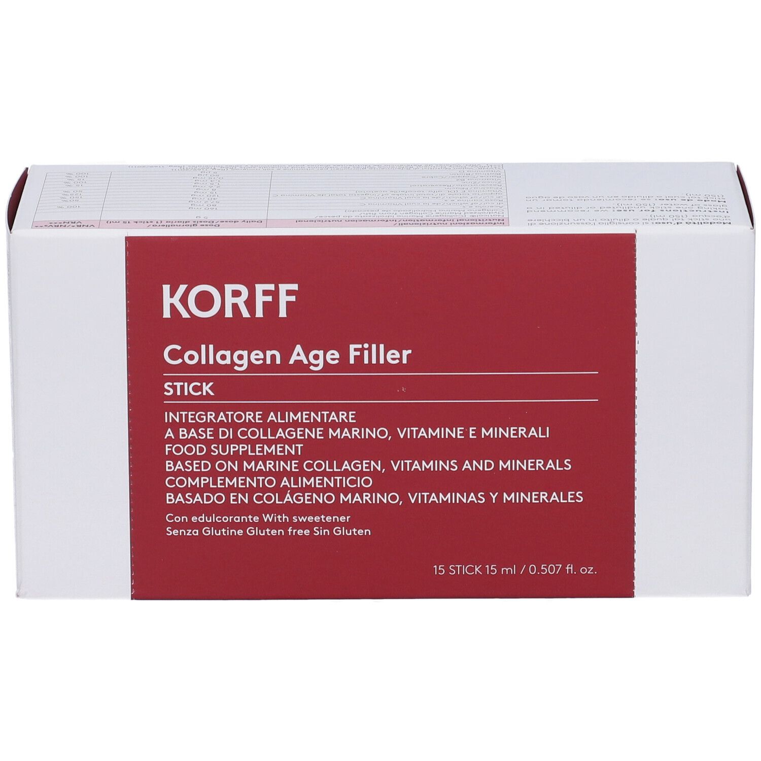 Scatola bianca con fascia rossa. Scritto: KORFF Collagen Age Filler Stick. Integratore alimentare.