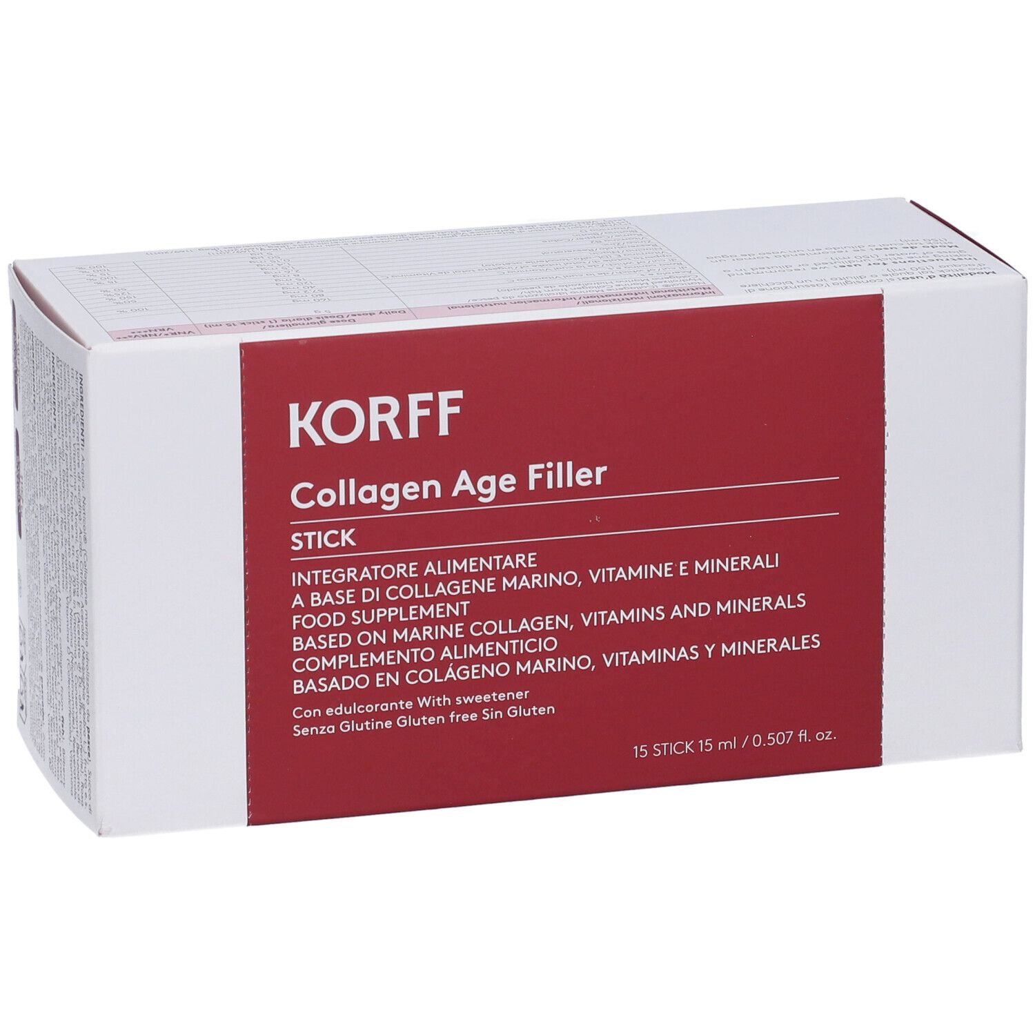 Scatola bianca con fascia rossa. Scritto: KORFF Collagen Age Filler Stick. Integratore alimentare.