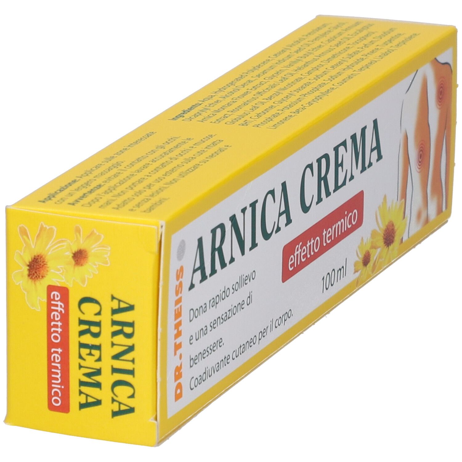 Scatola gialla ARNICA CREMA, in diagonale. Scritta, illustrazione corpo e fiori. Contenuto 100 ml.
