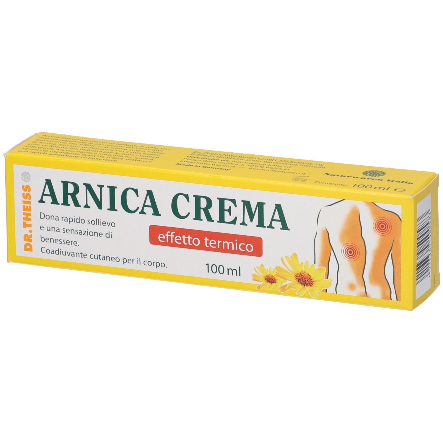 Scatola gialla ARNICA CREMA. Illustrazione corpo e fiori. Scritta effetto termico. Contenuto 100 ml.