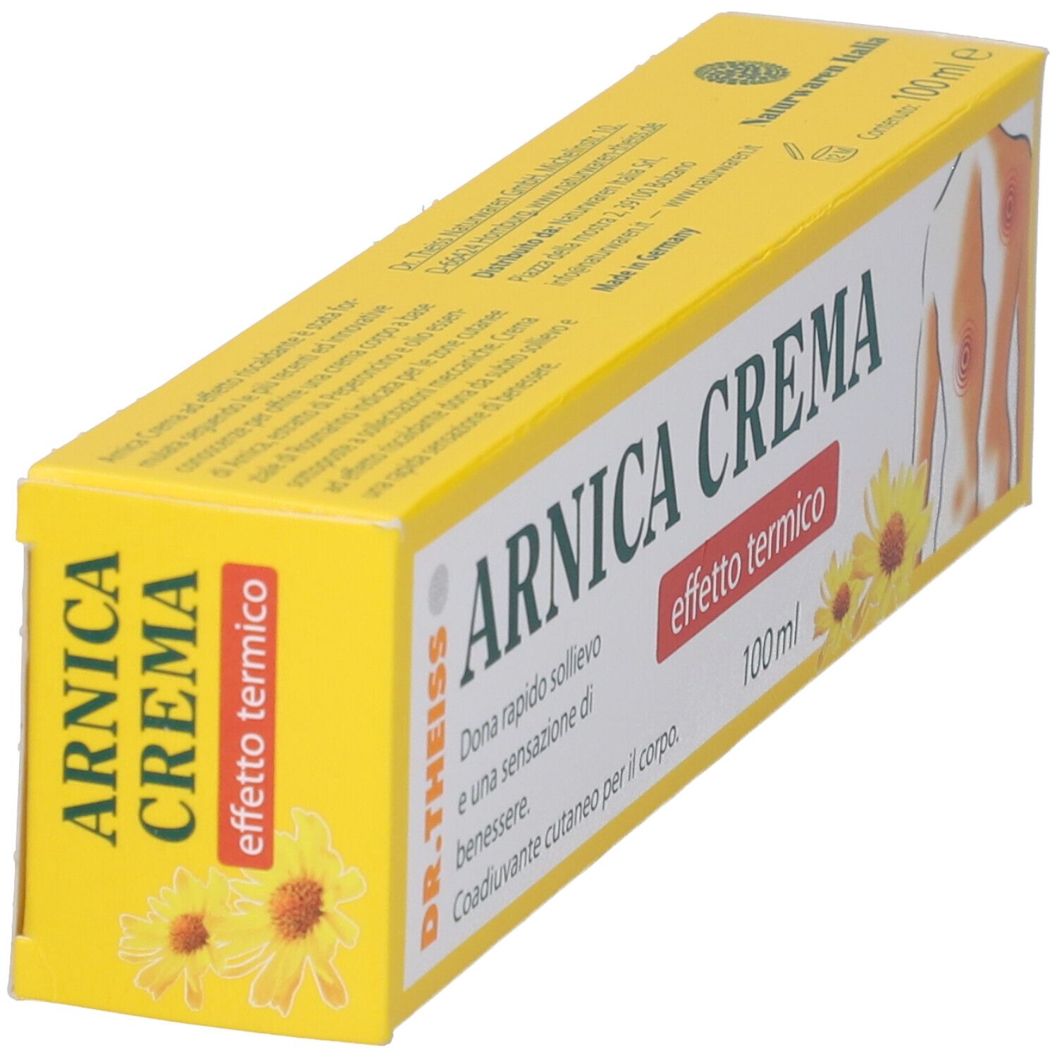 Scatola gialla ARNICA CREMA, in diagonale. Scritta, illustrazione corpo e fiori. Contenuto 100 ml.