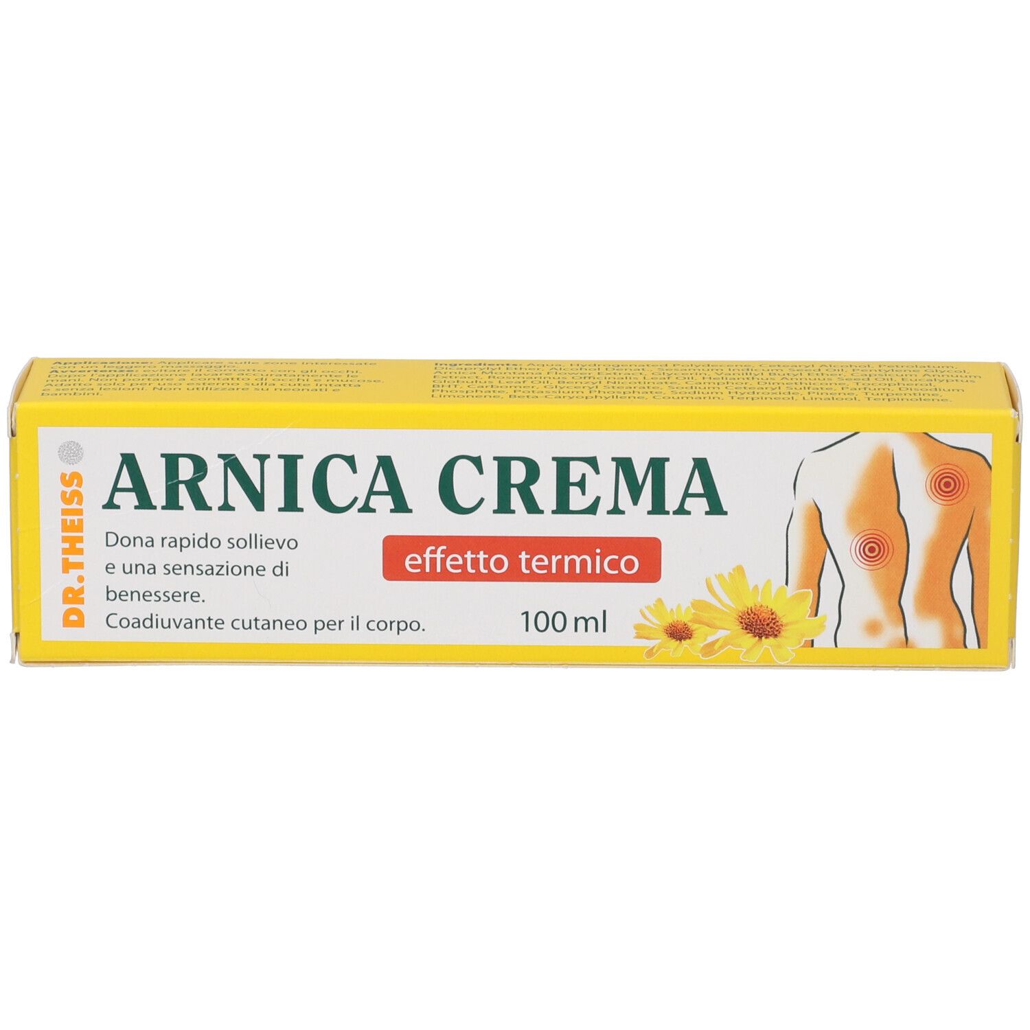 Scatola gialla ARNICA CREMA. Illustrazione corpo e fiori. Scritta effetto termico. Contenuto 100 ml.