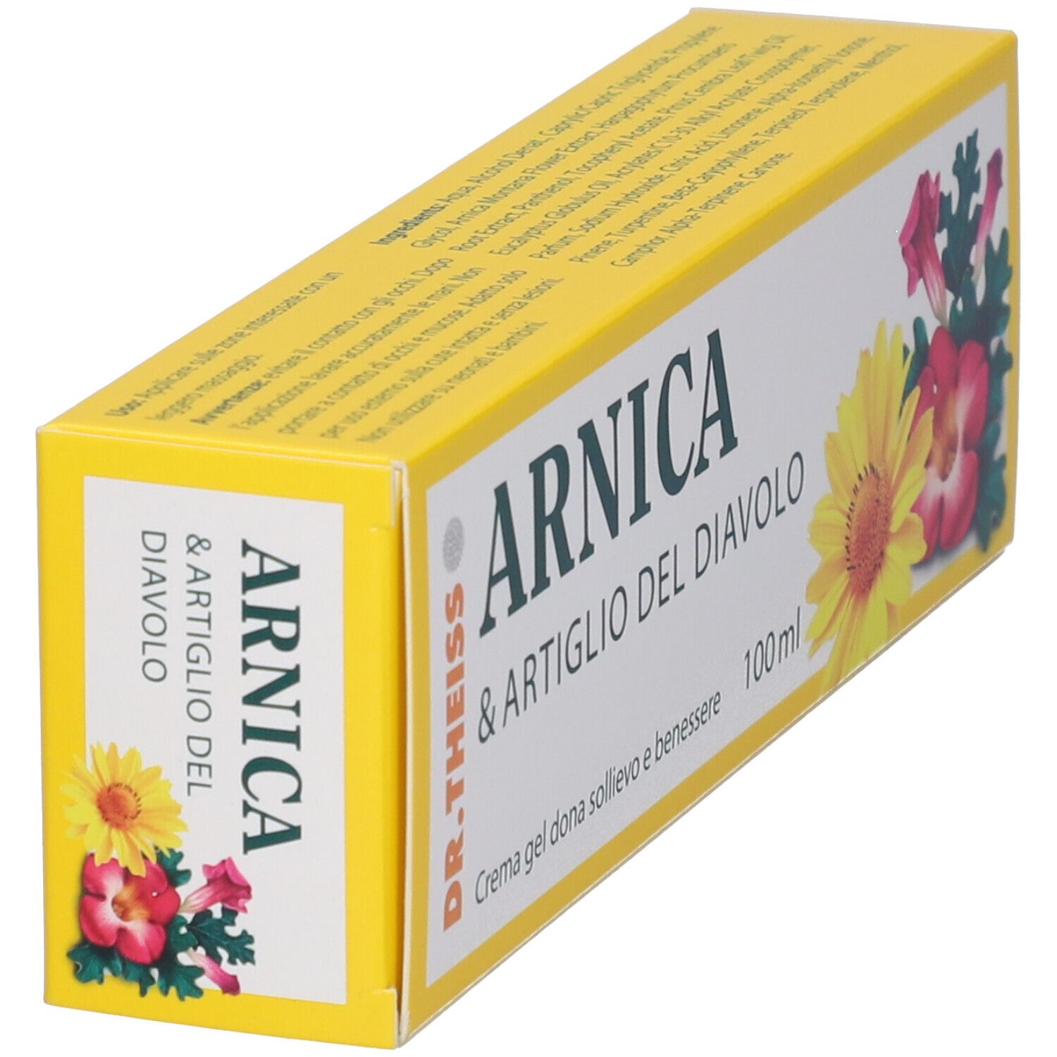 Confezione crema gel in diagonale. Scritta: Arnica & Artiglio del Diavolo, Dr. Theiss. Crema gel 100 ml.