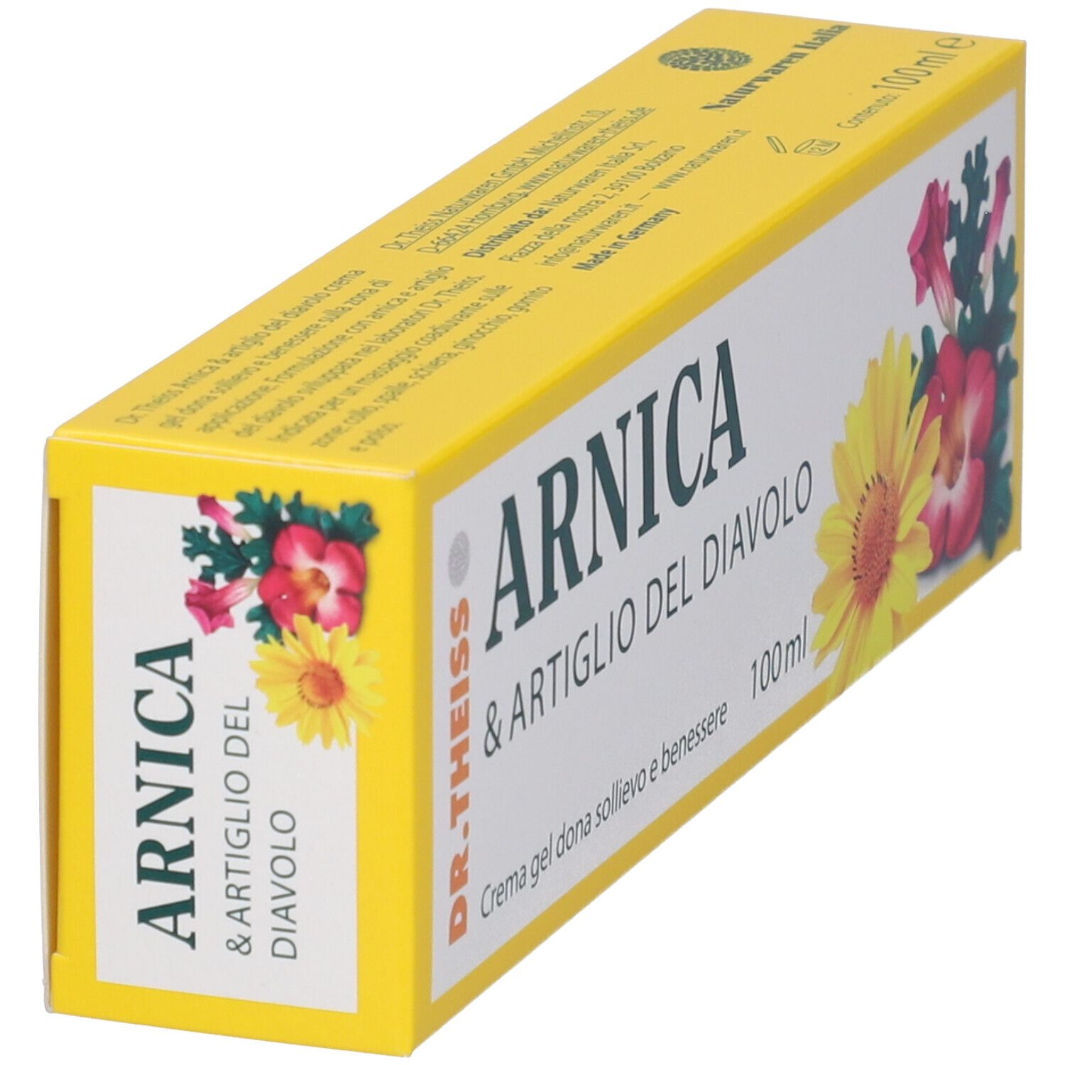 Confezione crema gel in diagonale. Scritta: Arnica & Artiglio del Diavolo, Dr. Theiss. Crema gel 100 ml.