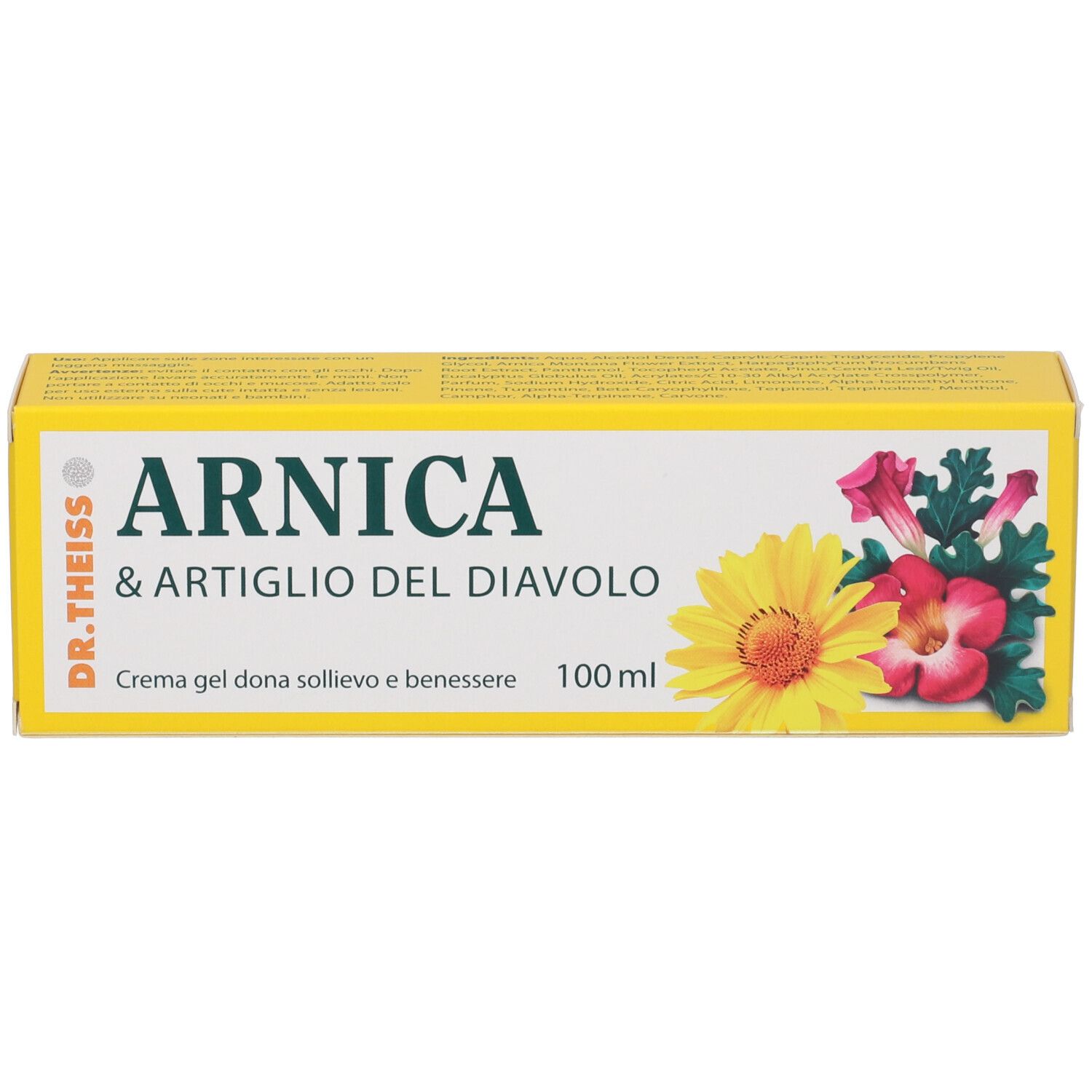 Confezione crema gel con design floreale. Scritta: Arnica & Artiglio del Diavolo, Dr. Theiss. Crema gel 100 ml.