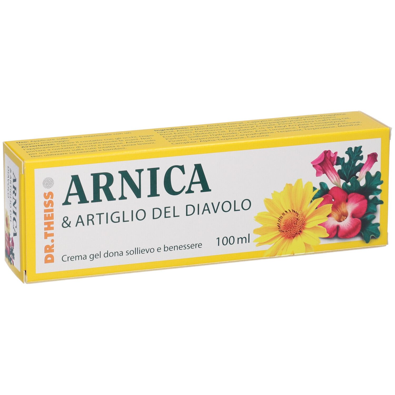 Confezione crema gel con design floreale. Scritta: Arnica & Artiglio del Diavolo, Dr. Theiss. Crema gel 100 ml.