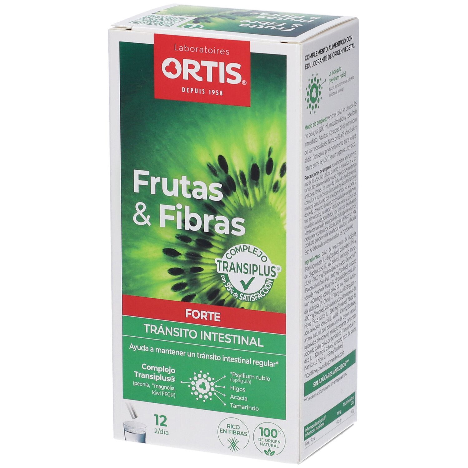 Scatola FRUTTA & FIBRE FORTE. Confezione verde e bianca con immagine di kiwi. Contiene 12 bustine. Nome del prodotto in italiano.