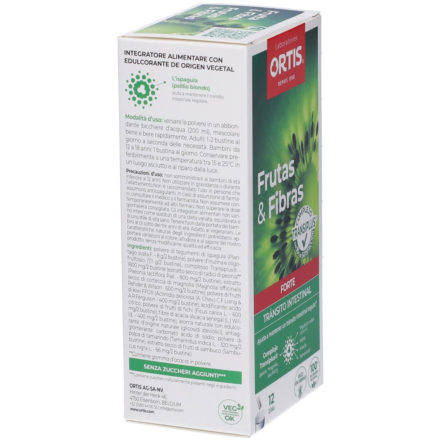 Confezione FRUTTA & FIBRE FORTE. Retro con informazioni e istruzioni per l'uso. Testo bianco su sfondo verde.