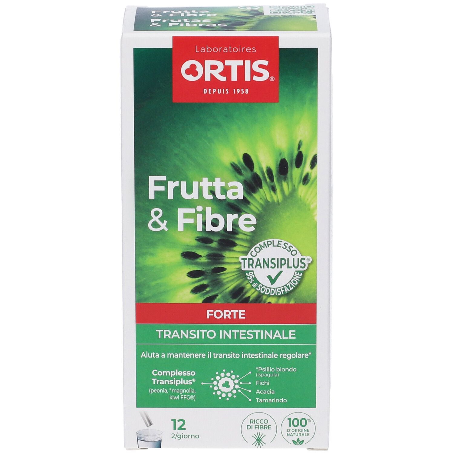 Scatola FRUTTA & FIBRE FORTE. Confezione verde e bianca con immagine di kiwi. Contiene 12 bustine. Nome del prodotto in italiano.