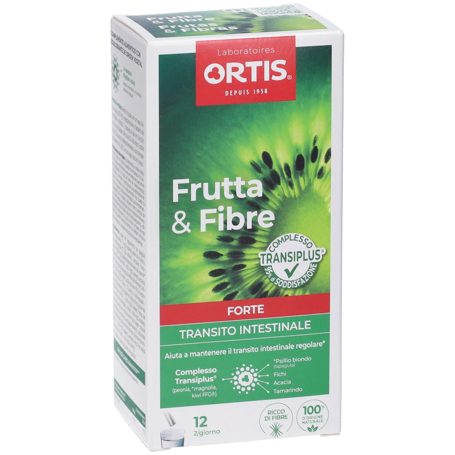 Scatola FRUTTA & FIBRE FORTE. Confezione verde e bianca con immagine di kiwi. Contiene 12 bustine. Nome del prodotto in italiano.