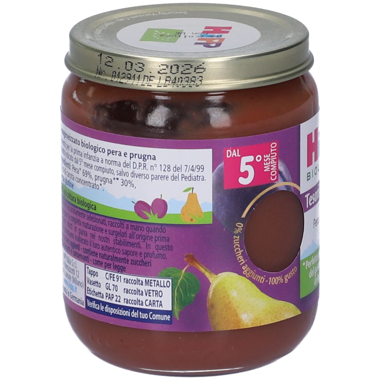 Retro del vasetto HiPP Tesori di Frutta. Elenco ingredienti, sigillo bio e informazioni riciclo.