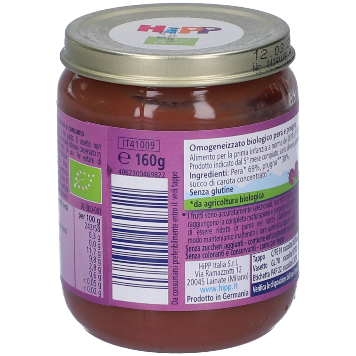 Retro del vasetto HiPP Tesori di Frutta. Valori nutrizionali, sigillo bio e informazioni produttore.