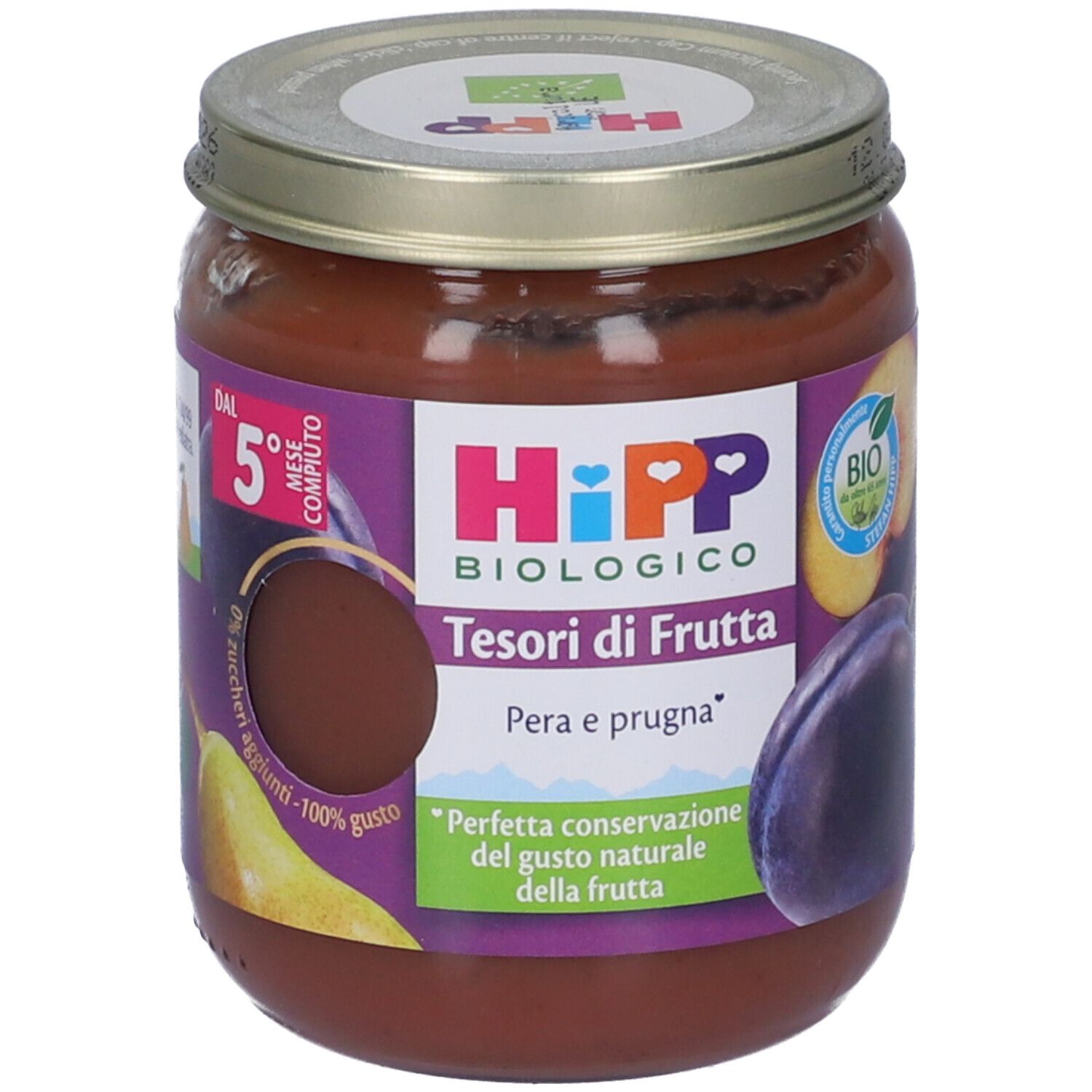 HiPP Tesori di Frutta Pera e Prugna in vasetto. Sigillo bio. Scritta: 5° mese.