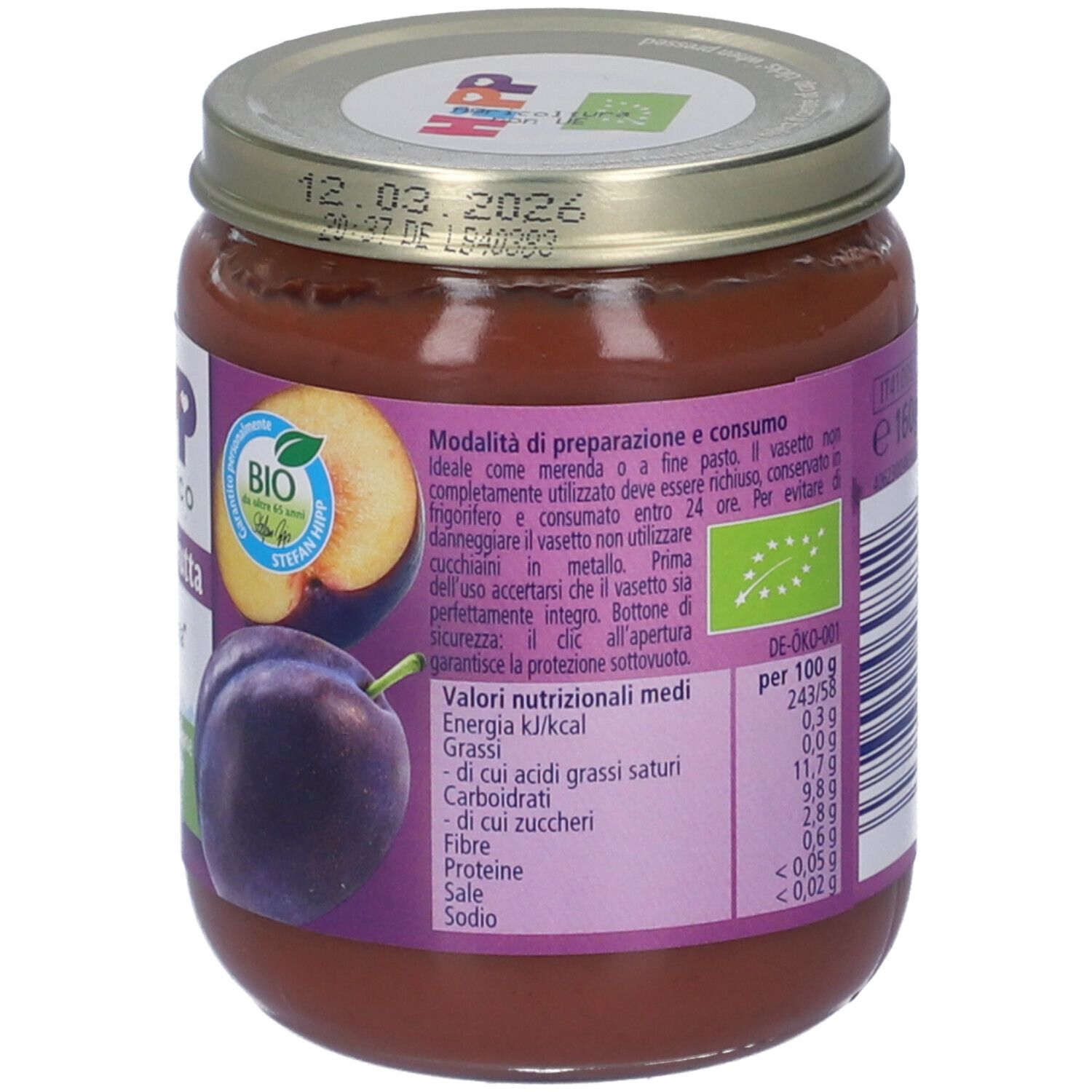 Retro del vasetto HiPP Tesori di Frutta. Valori nutrizionali, sigillo bio e consigli d'uso.