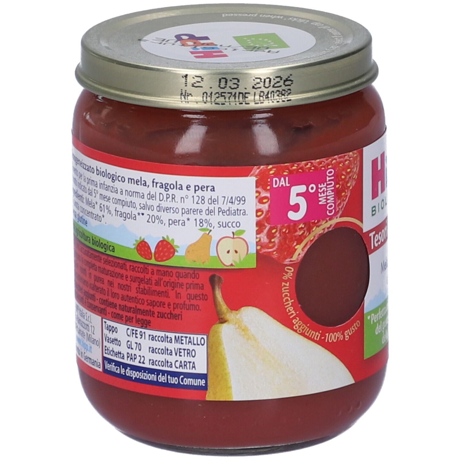 Retro del vasetto HiPP Tesori Di Frutta Omogenizzato Mela Fragola e Pera. Testo, ingredienti, sigillo bio, data di scadenza.