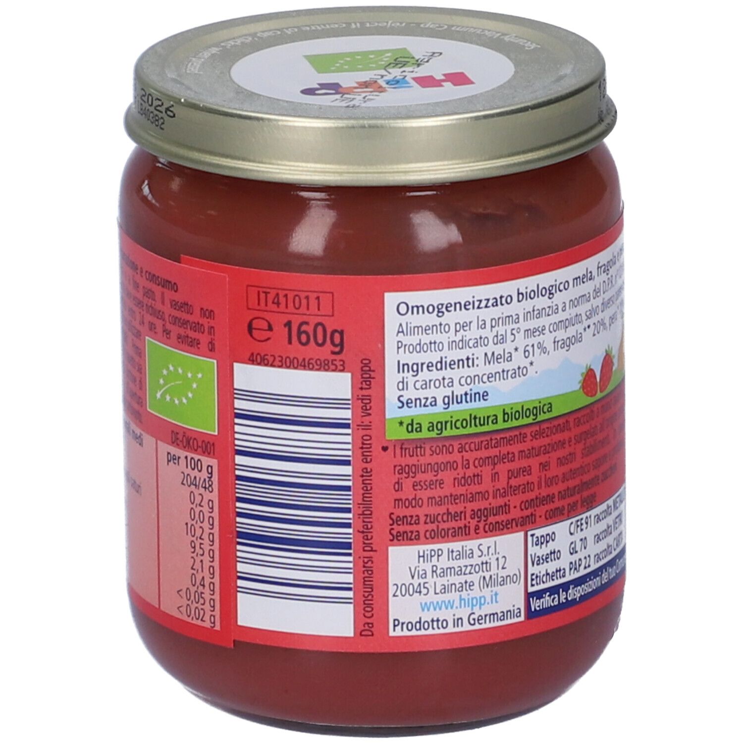 Retro del vasetto HiPP Tesori Di Frutta Omogenizzato Mela Fragola e Pera. Testo, valori nutrizionali, sigillo bio, 160g.