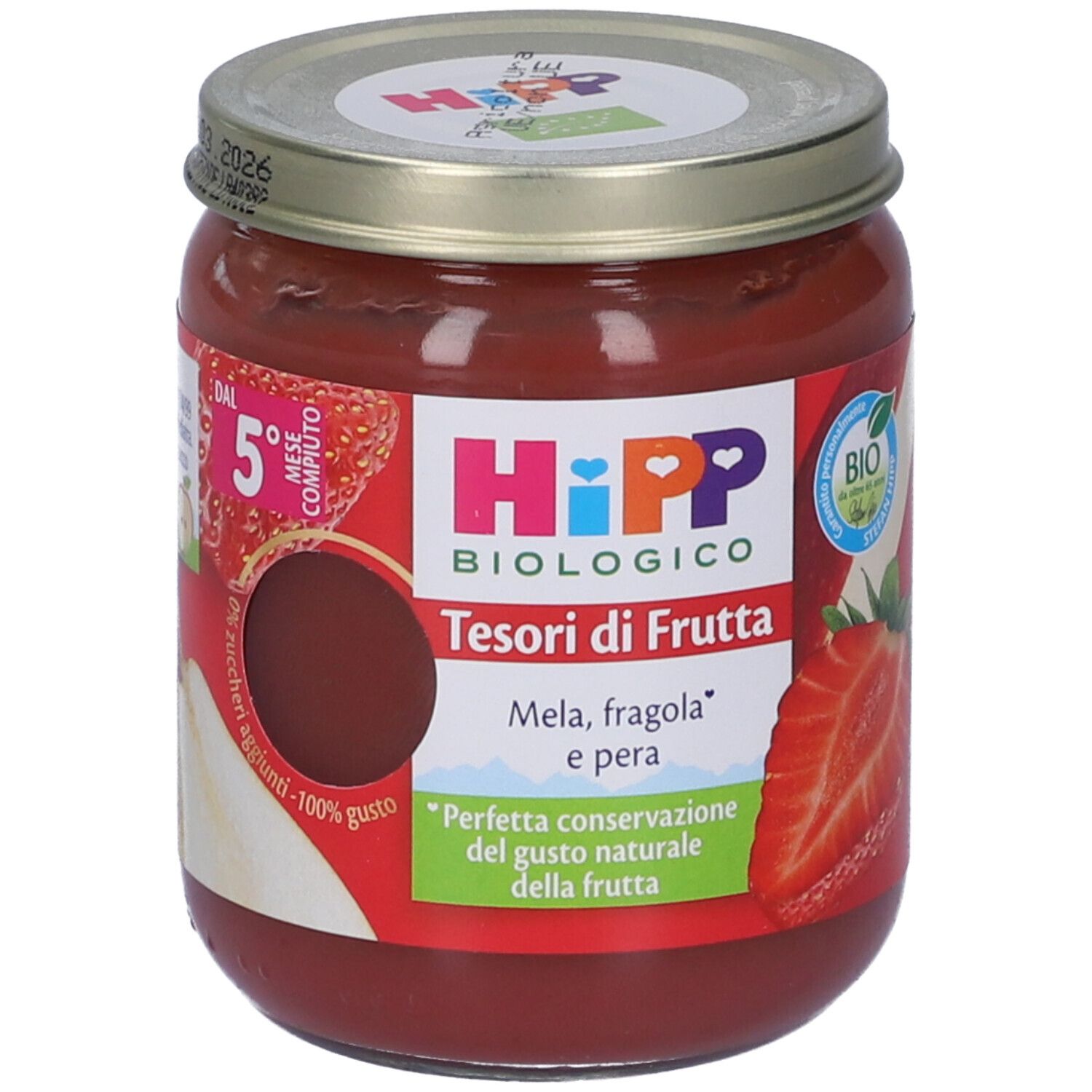 Vasetto HiPP Tesori Di Frutta Omogenizzato Mela Fragola e Pera. Contenuto rosso, coperchio argento. Sigillo bio.