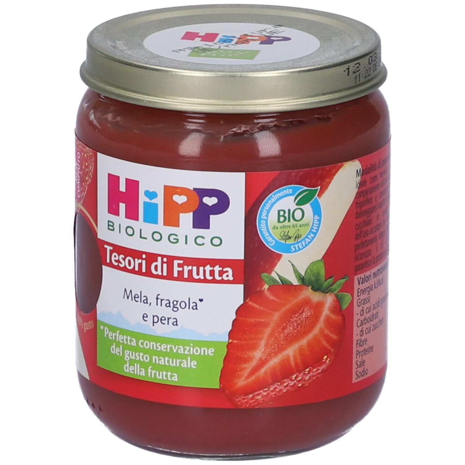Vasetto HiPP Tesori Di Frutta Omogenizzato Mela Fragola e Pera. Contenuto rosso, coperchio argento. Sigillo bio.