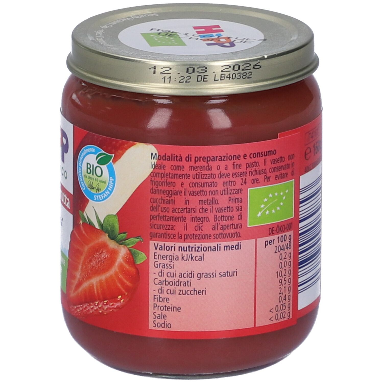 Retro del vasetto HiPP Tesori Di Frutta Omogenizzato Mela Fragola e Pera. Testo, valori nutrizionali, sigillo bio.