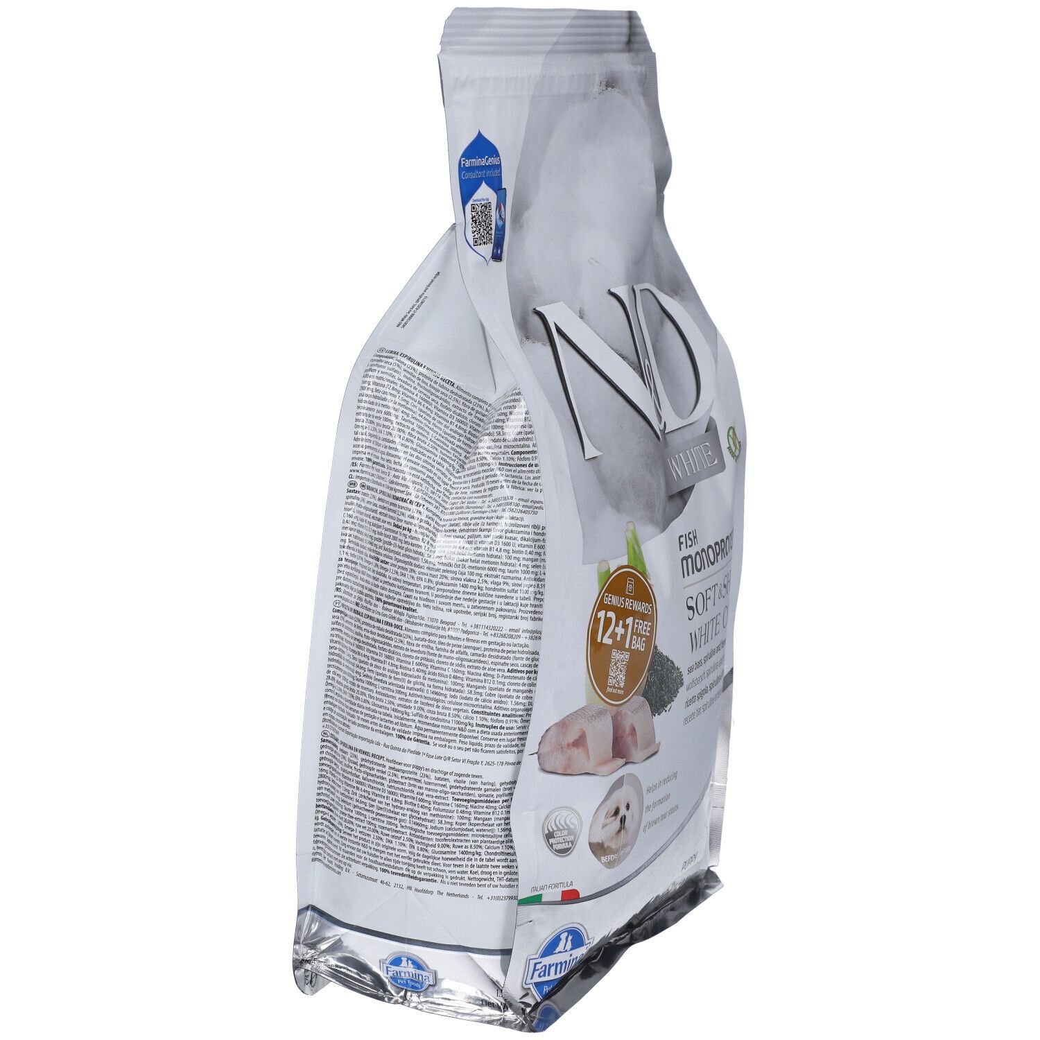 Sacchetto bianco N&D White. Fish Monoprotein per cuccioli. Vista laterale. Testo e immagini di pesce e finocchio.