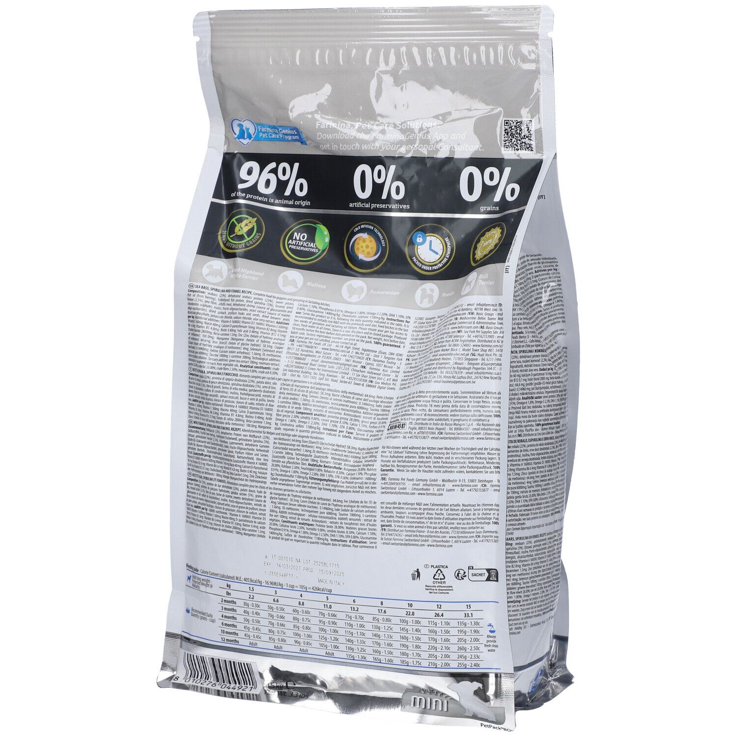 Retro di un sacchetto bianco. Testo: 96% origine animale, 0% conservanti artificiali, 0% cereali. Tabella nutrizionale.