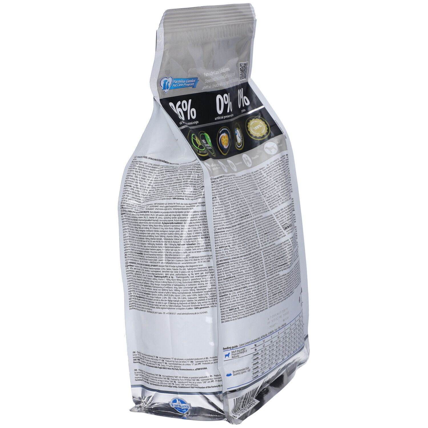 Vista laterale di un sacchetto bianco. Testo: 96% origine animale, 0% conservanti artificiali, 0% cereali. Tabella nutrizionale.