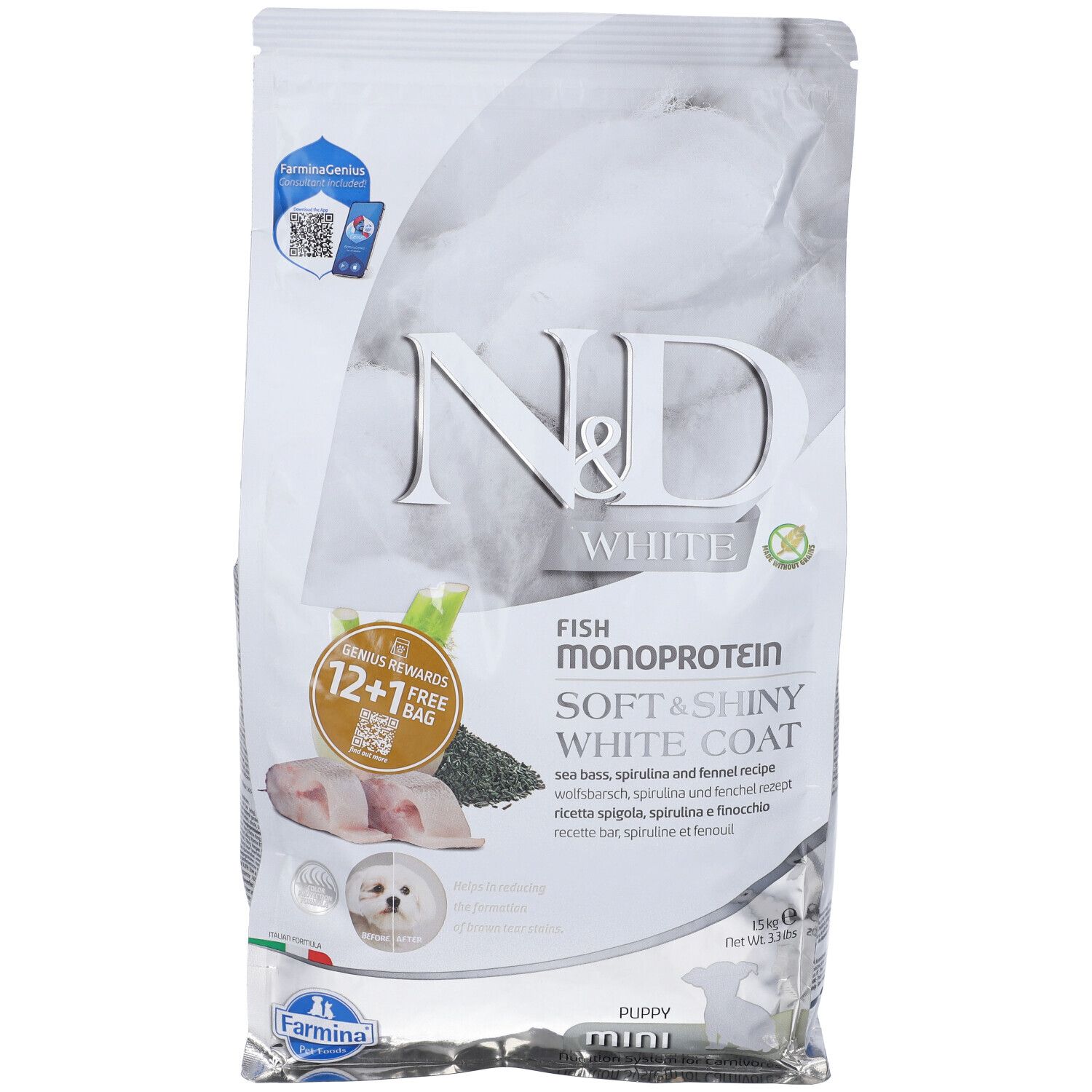 Sacchetto bianco N&D White. Contiene Fish Monoprotein per cuccioli. Immagine di pesce e finocchio. 12+1 gratis.