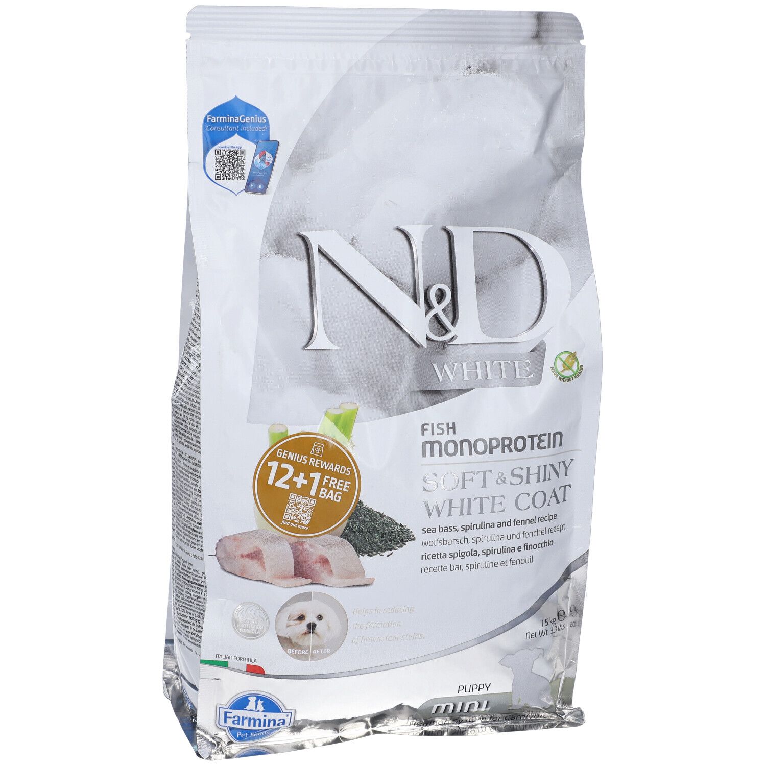 Sacchetto bianco N&D White. Contiene Fish Monoprotein per cuccioli. Immagine di pesce e finocchio. 12+1 gratis.