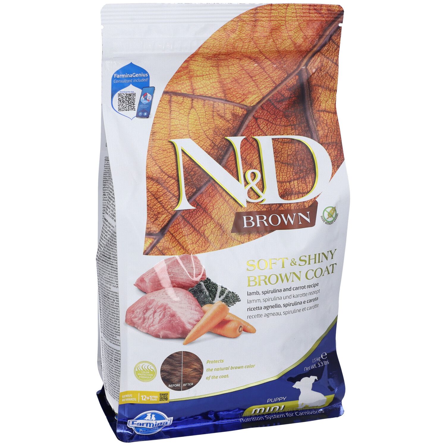 Vista frontale della confezione di cibo per cani N&D Brown. Mostra il logo N&D, il nome del prodotto e illustrazioni degli ingredienti. Contiene testo.