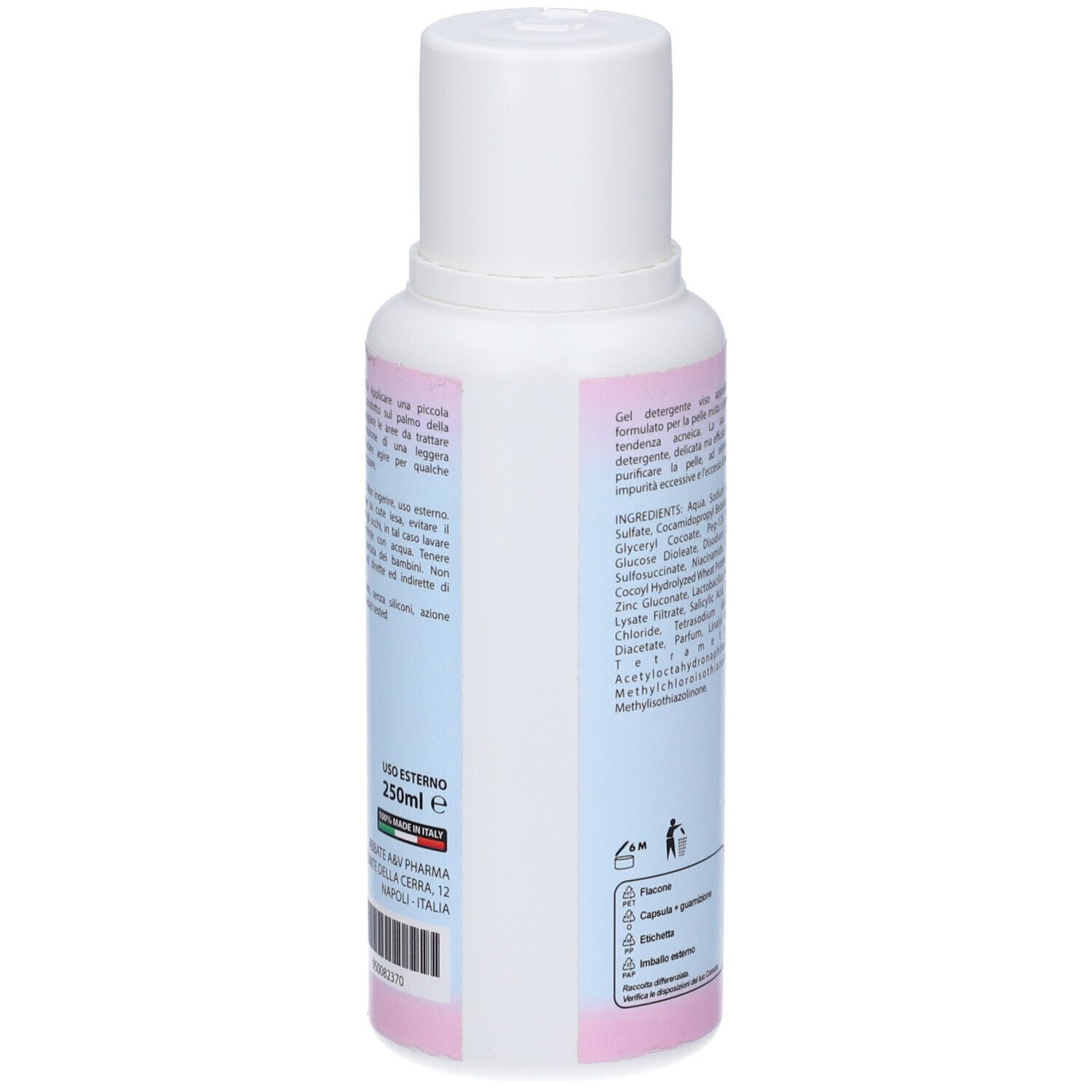 Retro del flacone con ingredienti e istruzioni. Contiene 250ml. Con simboli di bottiglia, tappo e raccolta differenziata.