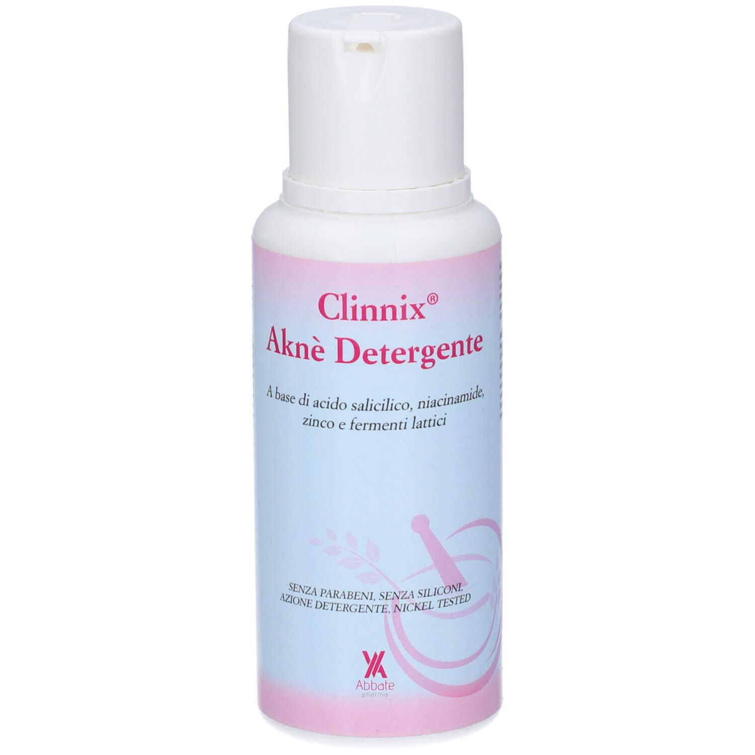 Flacone bianco-rosa con Clinnix Akne Detergente. Contiene acido salicilico, niacinamide, zinco e fermenti lattici. Senza parabeni.