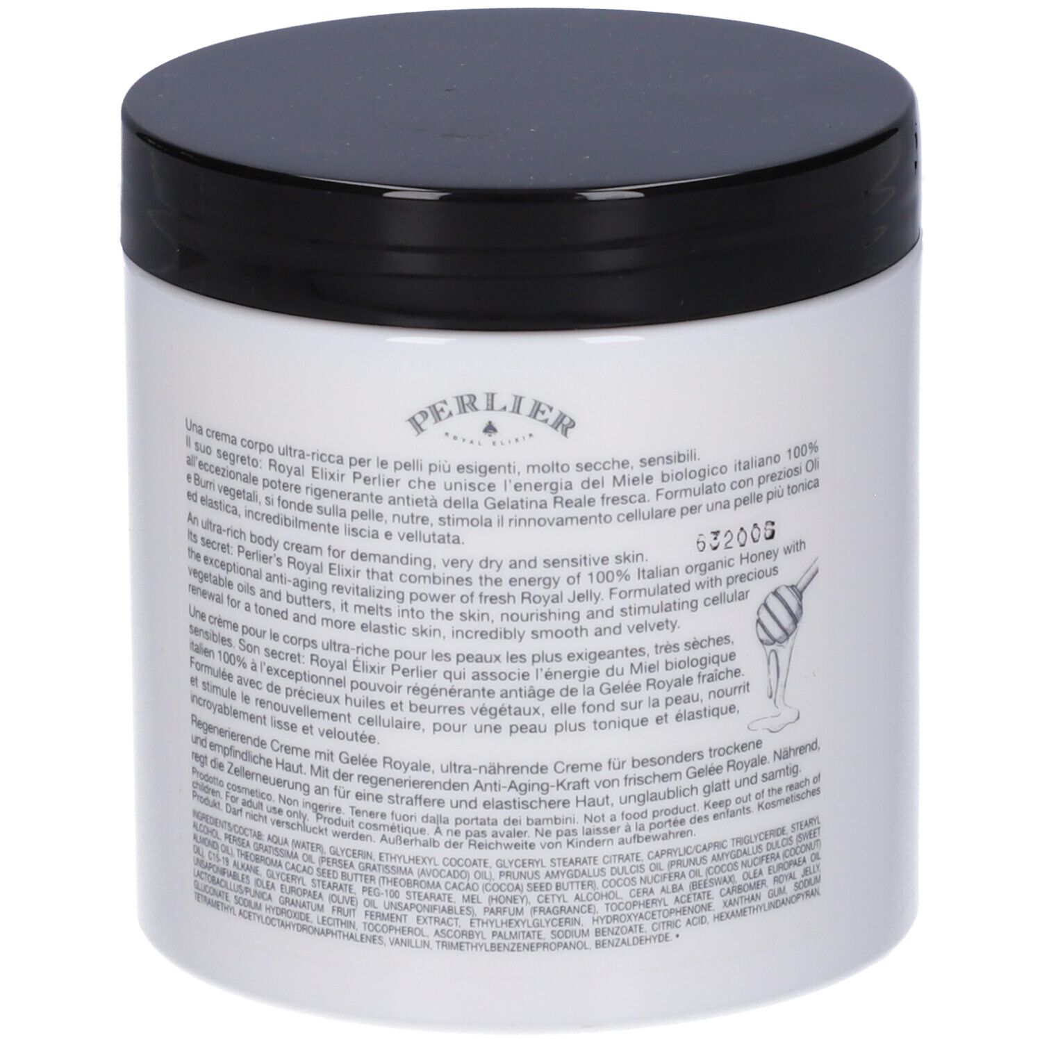 Vasetto bianco con coperchio nero, Perlier Royal Elixir crema corpo.