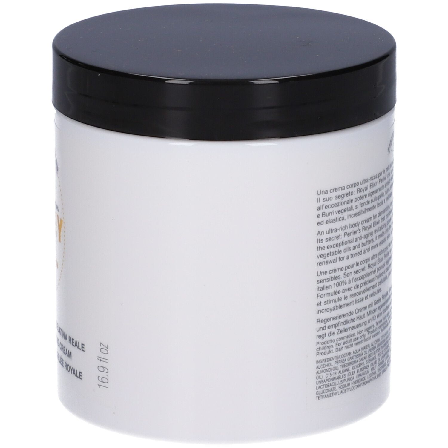 Barattolo di crema corpo bianca con coperchio nero, marca Perlier.