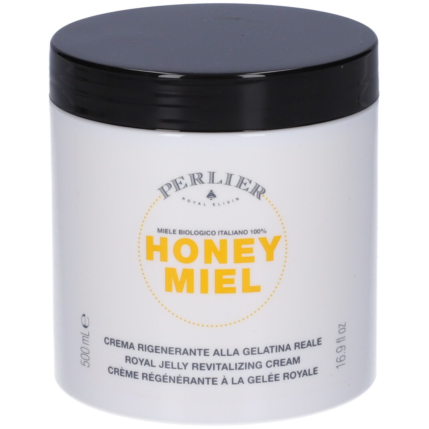 Perlier Honey Miel Crema: Vasetto bianco con coperchio nero, 500 ml.
